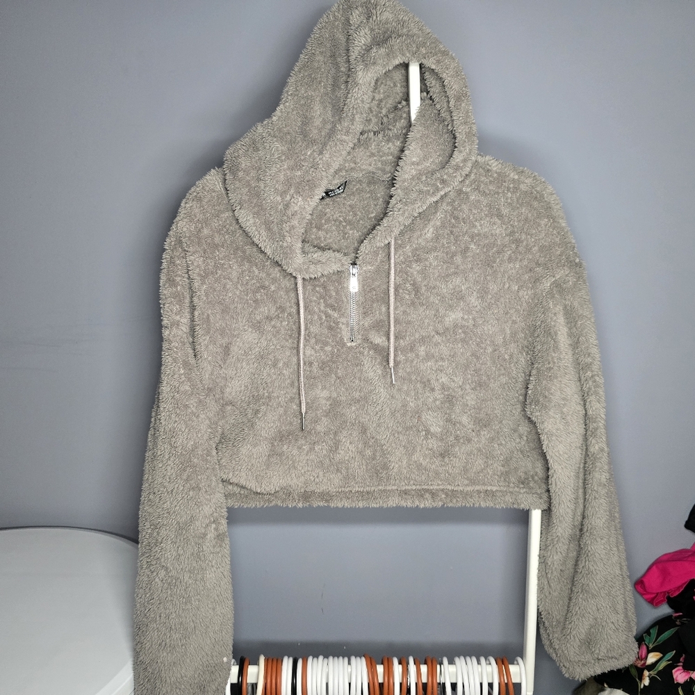 Shein Cropped Teddy Bear Fleece 1/4 Zip Hoodie-Womens MEDIUM-Grey-Sweater